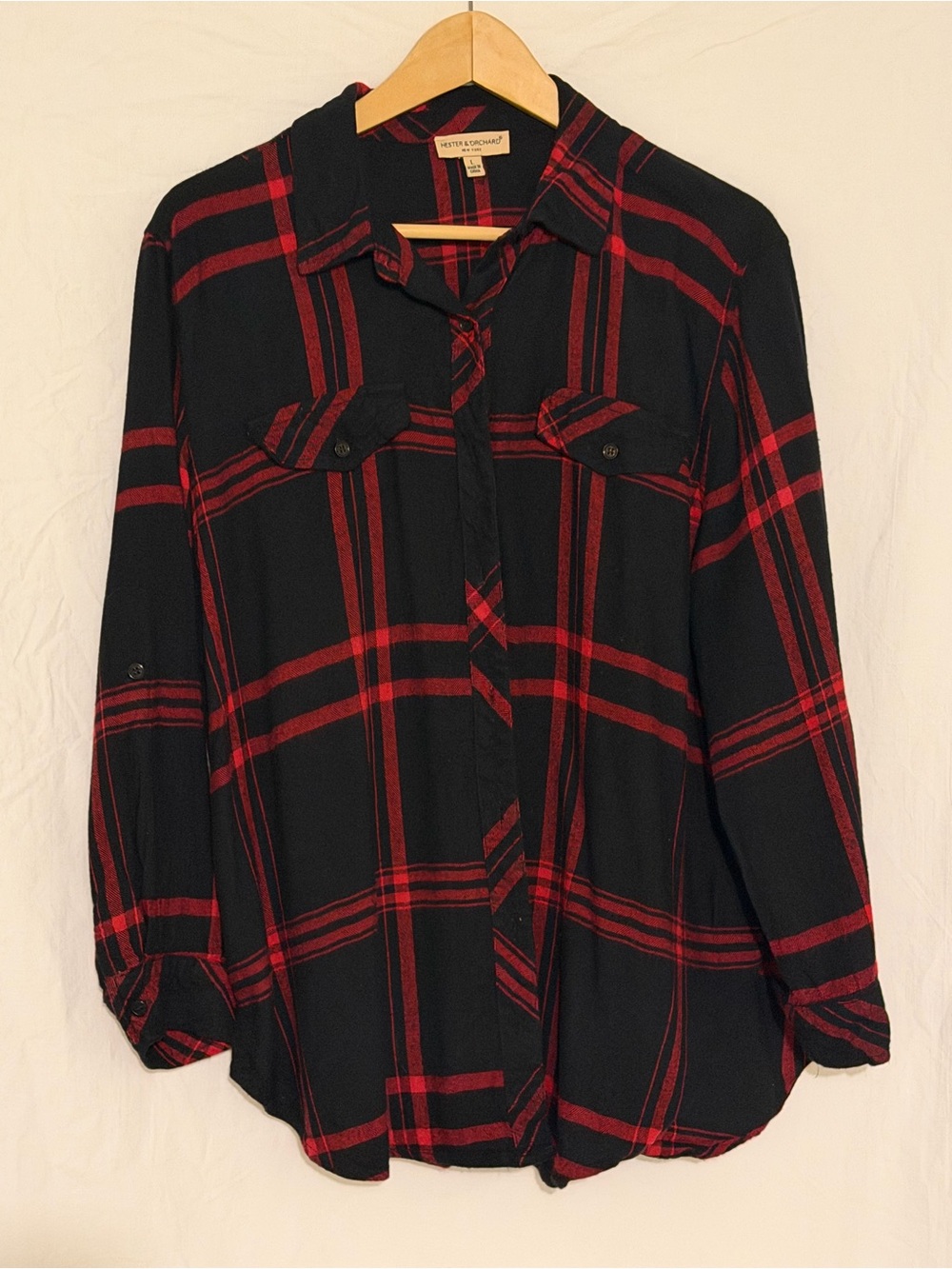 Hester & Orchard Womens Red Black Plaid Button Up Shirt Blouse Size Large